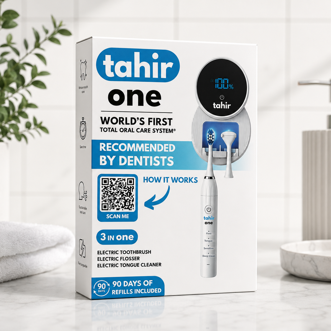 Tahir One – 3-in-1 Electric Toothbrush, Electric Flosser & Tongue Cleaner